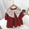 Vestido de niña con cuello de muñeca de encaje retro, primavera y otoño 2024, nuevo vestido de princesa occidental de algodón y lino para niñas.
