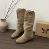 Moda Retro Decote V Botas Longas Empilhadas de Cano Alto Sapatos Femininos 2026 Primavera/Outono Bico Redondo Botas Longas Estilo Cowboy Ocidental Botas de Salto Grosso
