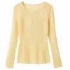 Suéter Fino de Punto Hueco para Mujer en Otoño, Top Bordado de Manga Larga con Cuello Redondo, Suéter Suave Amarillo Ajustado, Venta al por Mayor