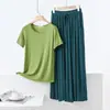 Conjunto de Verão Novo Algodão Bit Gola Redonda Manga Curta Camiseta Básica Combinação de Cores Bolso com Cordão Calças de Perna Larga Soltas Casuais Conjunto de Duas Peças