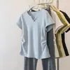 Roupas Femininas Plus Size 2026 Verão Novo Decote V Botões Emagrecedor Versátil Manga Curta Estilo Simples Camiseta Top