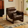 Sillón Individual de Cuero Encerado Vintage, Sillón de Ocio de Madera Maciza Estilo Mediados de Siglo para Sala de Estar y Balcón