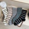 Meias Ins Listradas Estilo Coreano para Outono com Fivela Decorativa para Mulheres, Meias Esportivas Casuais de Cano Médio, Sem Costura