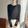 Camiseta Redonda de Manga Longa Estilo Chinês Novo Transfronteiriça para Mulheres, Novo Modelo Outono 2025, Punhos Bordados, Jacquard, Versátil