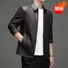 Jaqueta de Couro Masculina Nova Outono/Inverno 2026, Casual de Negócios, Gola Reversível, Forrada com Lã, Acolchoada, Couro PU, Casaco de Couro Macio