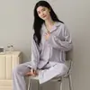 Cardigan de pijama de duas peças para casa feminina, manga longa e calça longa, gola V, cor sólida, algodão jacquard elástico dupla face