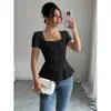 Ropa de mujer transfronteriza europea y americana moda de verano elegante casual blusa de encaje con cuello cuadrado y lazo top de manga corta
