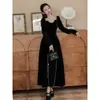 Vestido de Terciopelo Francés para Mujer Primavera Otoño Negro Retro Drapeado Camisola Vestido Largo Ajustado Fábrica de Origen