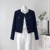 Jaqueta Feminina Azul Marinho Estilo Francês, Manga Longa, Caimento Solto, Estilo Chanel, Design de Outono Transfronteiriço, de Botão Único, Top Curto Elegante