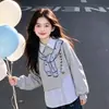 Sudadera con capucha de estilo coreano para niñas, a rayas, bloques de color, patchwork, solapa, para niños medianos y mayores, lindo y dulce conjunto de pantalones de mezclilla