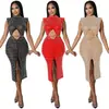 C5796 Transfronterizo Aliexpress Amazon Moda Sexy Malla Transparente Pedrería Hueco Abertura Vestido Ropa de Mujer