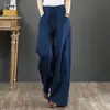 Calça de Sarja de Algodão e Linho de Cor Sólida Wide Leg para Mulheres Plus Size Aparência Emagrecedora Calça de Ráfia Branca Cintura Alta Cordão Gordura mm Calça Solta de Algodão e Linho