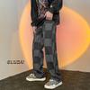 Jeans xadrez masculino estilo coreano moda outono rufião bonito perna reta perna larga calças moda marca retro calças soltas