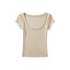 Estilo americano novo sexy grande gola redonda decote baixo manga curta camiseta retro elástico slim-fit cor sólida base simples top para mulheres