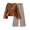 Conjunto para Meninas Roupas Infantis Transfronteiriças 2026 Primavera Novo Design Mangas Sino Laço na Cintura Ajuste na Cintura Calça de Pernas Largas