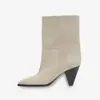 Botas de Moda Europeas y Americanas Transfronterizas de Invierno 2023 Puntiagudas Beige Costura Tacón Cónico Cortas de Comercio Exterior para Mujer Botín