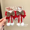 Diadema de Saludos de Año Nuevo para Niños Pasador Rojo con Lazo para Bebé Bola de Pelo con Borla Estilo Chino para Niñas
