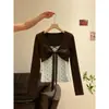 Camiseta top de dos piezas falsas con lazo color café, súper bonita, estilo coreano