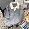 Suéter de tricô retrô da moda estilo old money primavera e verão camisa de tricô emendada de peça dupla estilo preguiçoso fio em estoque manga longa