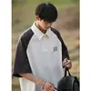 Camisa Polo de Manga Corta para Hombre Verano 200g Algodón Pesado Camiseta Retro Americana Manga Raglán en Contraste Camiseta de Media Manga