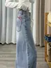 Jeans anchos de mezclilla azul claro texturizados bordados para mujer, nuevo de otoño, cintura alta, holgados, adelgazantes, con caída, pantalones de largo hasta el suelo