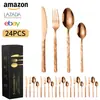Novo Conjunto de Talheres de Aço Inoxidável 430 com Padrão de Pedra Amazon - Faca, Garfo e Colher - Peças 24 para 6 Pessoas - Faca, Garfo e Colher de Bife Ocidentais