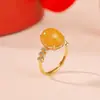 Anillo de Oreja de Espiga de Trigo de Ámbar de Plata de Ley S925 Yuebao Jewelry con Incrustaciones de Hoja y Diamante, Joyería de Plata de Lujo Ligero Estilo Chino Más Vendido