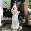Conjunto de Camisola sin Mangas con Cuello Beige y Adorno de Encaje + Falda Larga Nueva Falda Media de una Sola Pieza
