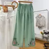 Pantalones de Pierna Ancha de Algodón y Lino de Verano para Mamá Mujer 2024 Nuevos Pantalones de Algodón y Lino de Verano para Mujer Nuevo Estilo Chino Pantalones Verdes Bordados Finos