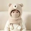 Sombrero de Invierno y Otoño para Niños Sombrero de Lana de Oso Sombrero de Algodón Tejido para Niñas Cálido Sombrero de Bebé Bufanda Conjunto de Dos Piezas