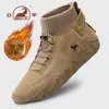 Sapatos Masculinos Genuínos de Couro de Carneiro para Outono e Inverno, Forrados com Lã, Espessos, Quentes, Sapatos Casuais de Algodão, Botas Martin Masculinas Antiderrapantes, Botas de Neve