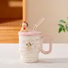 Caneca de cerâmica fofa com canudo, presente de aniversário para casal, caneca de escritório, caneca de água de cerâmica, caneca de desenho animado de grande capacidade