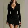 Vestido Curto de Manga Longa com Franjas Estilo Western Europeu e Americano 2026 com Decote V Profundo, Zíper, Caimento Justo, Bodycon, Vestido de Festa Europeu e Americano