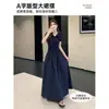 Falda Larga Azul Marino con Dobladillo Ancho, Nuevo Estilo Verano 2026 para Mujer, Vestido Muy Bonito de Manga Corta con Cintura Ajustada Adelgazante y Cuello Polo