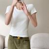Playera de Manga Corta con Cuello Redondo Estilo Coreano para Mujer Primavera y Verano Sexy Slim Hombro Derecho Blanco Top Básico de Algodón
