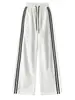 Calça esportiva larga feminina com listra contrastante azul marinho, estilo outono, cintura alta, modeladora, secagem rápida, calça casual de perna curva