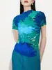 Industria Pesada Ropa Plisada Tres Veces Camiseta de Manga Corta para Mujer Verano Diseño Delgado Sensación Plegada Top Estampado Moda Trendy para Mujer