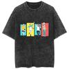 Camiseta retro lavada de hip hop callejero con animación de cinco vías, encantamiento, batalla, gráfico, informal, de algodón, de verano, de manga corta