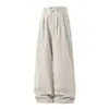 Calça Casual Masculina Simples Versátil Retro Americana com Duas Pregas, Calça Longa Reta Texturizada Ampla Solta Básica de Primavera