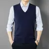 Chaleco de lana pura para hombre para otoño e invierno, cuello en V, sin mangas, adecuado para papás, talla grande, chaleco de punto, chaleco de lana