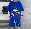 Traje de Crayon Shin-Chan para Hombre Verano Waffle Peso Pesado Dibujos Animados Anime Manga Manga Corta Pantalones Cortos Estilo Sal Fresca Conjunto de Dos Piezas