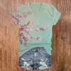Blusas de manga corta para mujer transfronterizas, camisetas de cuello en V para mujer con diseño estilo chino y estampados florales, impresión 3D, disponibles para venta al por mayor a partir de una pieza