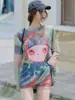 2026 Novo Maiô Tie-dye de Manga Longa com Proteção Solar Feminino Conjunto Dividido de Três Peças Cobrindo a Barriga Emagrecedor Roupa de Banho para Férias na Praia e Fontes Termais