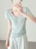 Camiseta de punto de lana con cuello en V de manga corta, estilo suave, para mujer, nuevo modelo Verano 2026, tacto de alta gama, elegante y estiliza, top de hombro normal