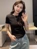 Camiseta de verano para mujer de manga corta de algodón puro con diseño negro Sense Hollow All-match con dobladillo irregular Cyber Celebrous Top
