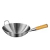Wok de Acero Inoxidable con Mango de Madera Espesor Grueso Fondo Redondo Salteado Mango Único Olla Especial para Chef Comercial Doméstico Restaurante Wok