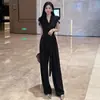 Comércio Exterior Feminino 2025 Estilo Coreano Primavera e Verão Novo Estilo Estilo Celebridade Decote V Cinto na Cintura Elegante Emagrecedor Manga Curta Perna Larga Conectado