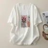 Toma Real de Tops de Algodón y Lino con Estampado Retro para Mujer, Cuello Redondo Holgado, Manga Media Pullover, Camiseta Casual y Versátil