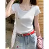 Camiseta de Manga Corta Bordada con Lazo y Bolsillo de Cuello en U para Mujer, Nuevo Top Corto Ajustado de Verano, Estilo Dulce y Picante, Diseño de Hombro Regular