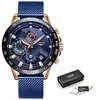 LIGE 2019 Reloj para Hombre con Correa de Malla Cronógrafo Multifuncional Resistente al Agua Oro Rosa Negro Plata Negro